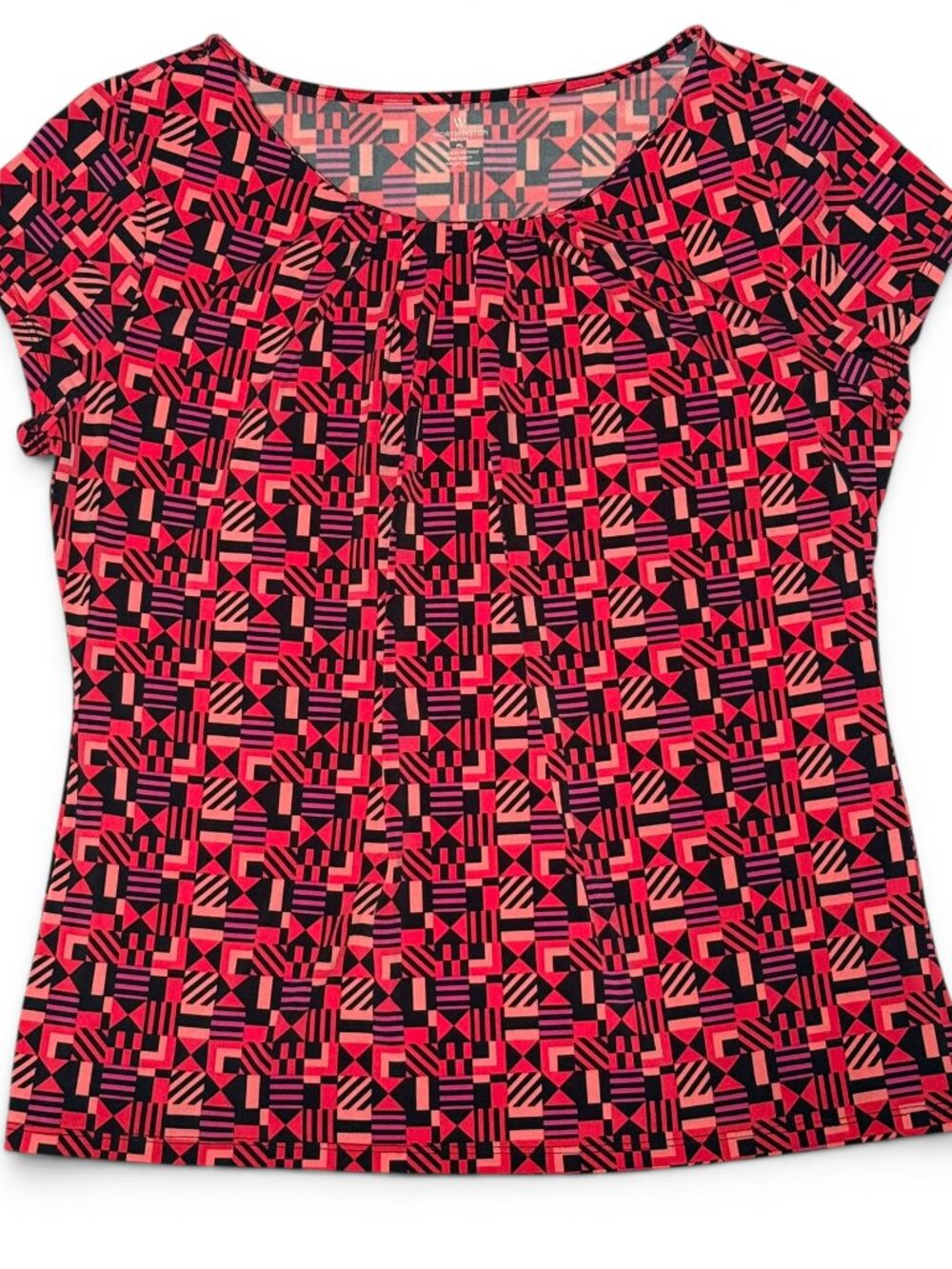Worthington Petite PL Geometric Print Top, Stretchy Short Sleeve Office Blouse